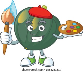 Happy acorn squash painter cartoon icon with brush