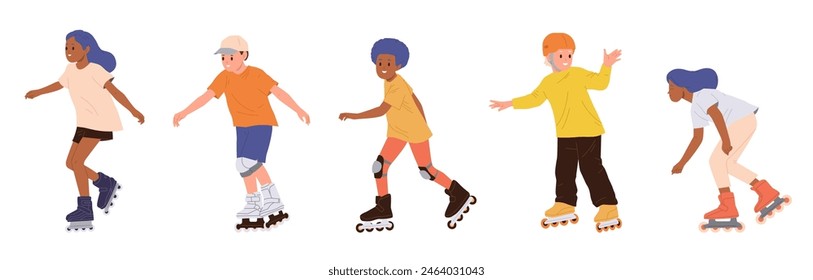 Happy active children cartoon characters riding roller-skates set isolated on white background