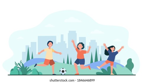 Happy active children playing football outdoors flat vector illustration. Cartoon child characters running with soccer ball. Sport game and playground concept