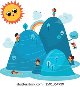  Happy Active Children. Happy children are playing in the nature. Vector illustration.