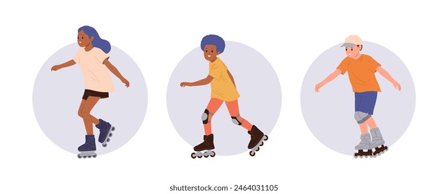Happy active children rollerblading enjoying freestyle riding isolated round composition set