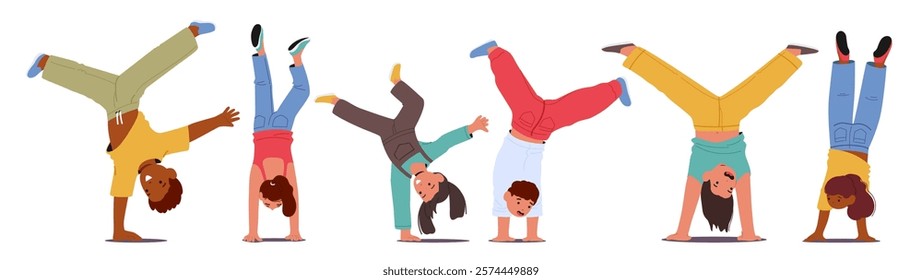 Happy active children standing upside down performing breakdance showcasing artistic talents set. Cheerful playful boys and girls characters making acrobatic tricks and stunt vector illustration