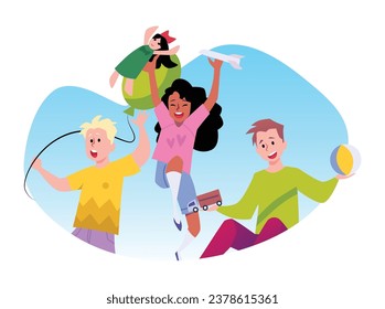 Happy active children with toys flat style, vector illustration isolated on white background. Decorative design element, emotional kids with dolls, balls and cars