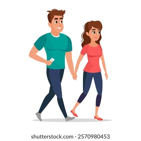 Happy active couple in casual sports clothes walking together. Flat vector illustration perfect for health, fitness, outdoor lifestyle, relationship, and exercise themes. Family and wellness concept.