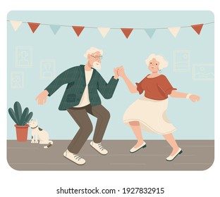 Happy active elderly couple dancing at the party. Flat cartoon vector illustration isolated on white background.