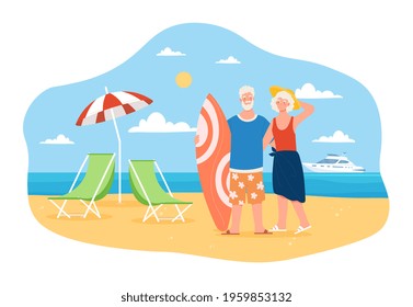 Happy and active elderly couple is spending time on the beach together. Retired male and female characters are on their summer vacation. Woman and man on retirement. Flat cartoon vector illustration