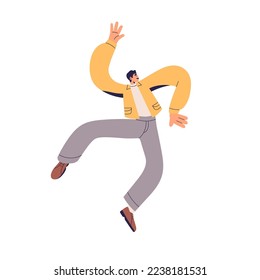 Happy active energetic person with positive energy. Excited laughing man jumping from joy, fun, good mood. Young character floating, rejoicing. Flat vector illustration isolated on white background