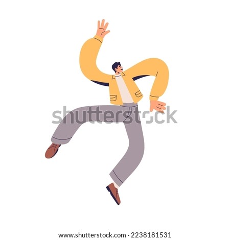 Happy active energetic person with positive energy. Excited laughing man jumping from joy, fun, good mood. Young character floating, rejoicing. Flat vector illustration isolated on white background