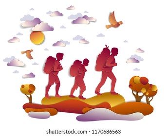 Happy active family hiking in autumn through meadows and fields with trees and birds in the autumnal sky. Father mother and son hikers having time of freedom in nature, vector illustration.