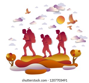 Happy active family hiking in autumn through meadows and fields with trees and birds in the autumnal sky. Father mother and son hikers having time of freedom in nature, vector illustration.