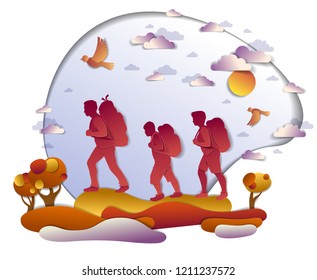 Happy active family hiking in autumn through meadows and fields with trees and birds in the autumnal sky. Father mother and son hikers having time of freedom in nature, vector illustration.