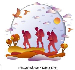 Happy active family hiking in autumn through meadows and fields with trees and birds in the autumnal sky. Father mother and son hikers having time of freedom in nature, vector illustration.