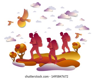 Happy active family hiking in autumn through meadows and fields with trees and birds in the autumnal sky. Father mother and son hikers having time of freedom in nature, vector illustration.