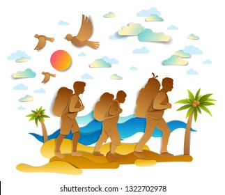 Happy active family hiking through sea beach with palms and sea waves in background, birds in the sky. Father mother and son hikers having time of retreat in nature, summer holidays, vector.