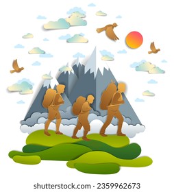 Happy active family hiking through grasslands to mountains, birds in the summer sky. Father mother and son hikers having time of freedom in nature summer holidays, vector illustration.