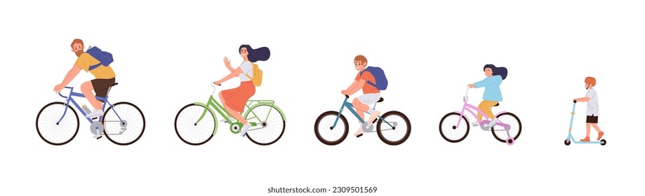 Happy active family, parents with children riding bicycles enjoying outdoor leisure time on vacation