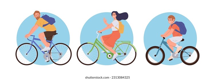 Happy active family riding bicycles set of cartoon composition with parent and child cyclist