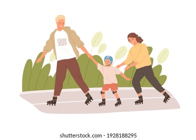 Feliz patinaje de patines en familia activo en el parque juntos. Los niños aprenden a patinar con ayuda de su madre y su padre. Actividades deportivas de verano. Ilustración vectorial plana coloreada aislada en fondo blanco