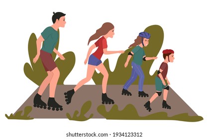 Happy active family roller skating in park together. Children rollerblade together with mother and father.