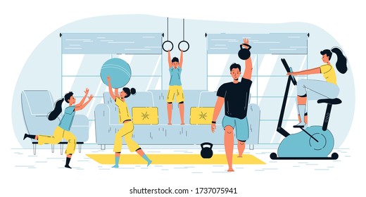 Happy Active Family Sport Workout Activities. Fitness Together At Home. Father Mother Children Doing Morning Exercise. Training Recreation. Physical Healthcare Education. Healthy Lifestyle Indoor