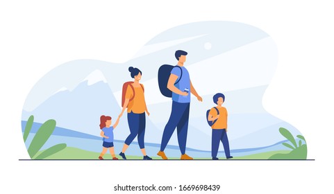 Happy active family walking outdoors. Couple of tourists with children hiking, carrying camping backpacks. Vector illustration for holiday, mountain trekking, activity, lifestyle concept