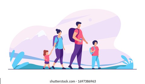 Happy active family walking outdoors. Couple of tourists with children hiking, carrying camping backpacks. Vector illustration for holiday, mountain trekking, activity, lifestyle concept