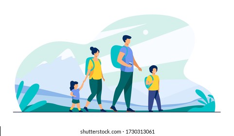Happy active family walking outdoors. Couple of tourists with children hiking, carrying camping backpacks. Vector illustration for holiday, mountain trekking, activity, lifestyle concept