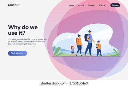Happy active family walking outdoors. Couple of tourists with children hiking, carrying camping backpacks. Vector illustration for holiday, mountain trekking, activity, lifestyle concept