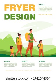 Happy active family walking outdoors. Couple of tourists with children hiking, carrying camping backpacks. Vector illustration for holiday, mountain trekking, activity, lifestyle concept