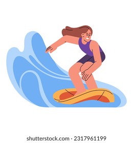 Feliz travesía de una chica activa en la tabla de surf en las vacaciones de verano. Surfista a bordo, tomando una ola de vacaciones. Actividades de surf, deportes acuáticos extremos. Ilustración vectorial plana aislada en fondo blanco