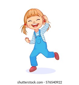 Happy active girl smiling from ear to ear, winner hand gesture, cutout vector art.