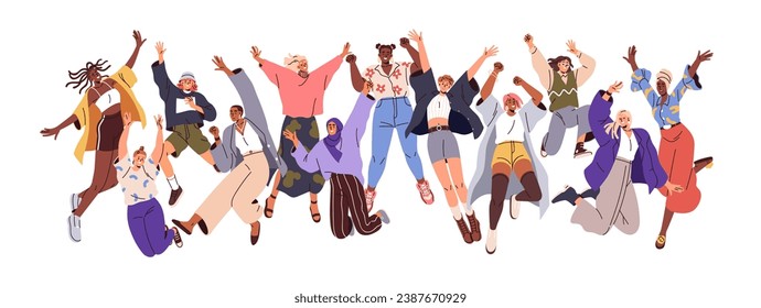 Felices chicas activas saltando. Jóvenes mujeres energéticas se agrupan. El equipo de personajes femeninos celebra el éxito con diversión, alegría, energía positiva. Ilustración vectorial plana aislada en fondo blanco