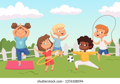 Happy active kids characters. Summer outdoor activity - childhood vector background