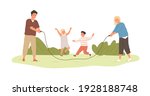 Happy active kids jumping over skipping rope, held by parents. Family spending leisure summer time outdoors playing with children. Colored flat cartoon vector illustration isolated on white background