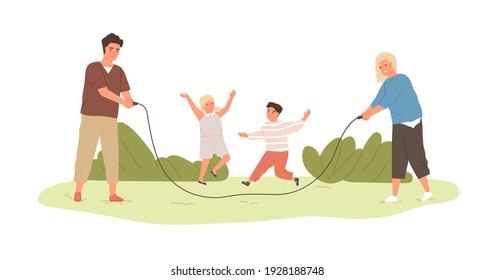 Niños felices y activos saltando por encima de la cuerda de saltar, sostenidos por los padres. La familia pasa tiempo libre en verano jugando con los niños. Dibujo vectorial de dibujos animados planos de color aislado en fondo blanco