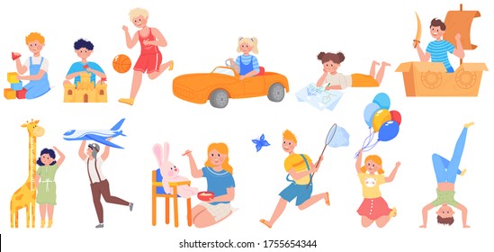 Happy active kids play vector illustration set. Cartoon flat funny child character playing football game, gaming with toys in playground, children fun activity in kindergarten icon isolated on white