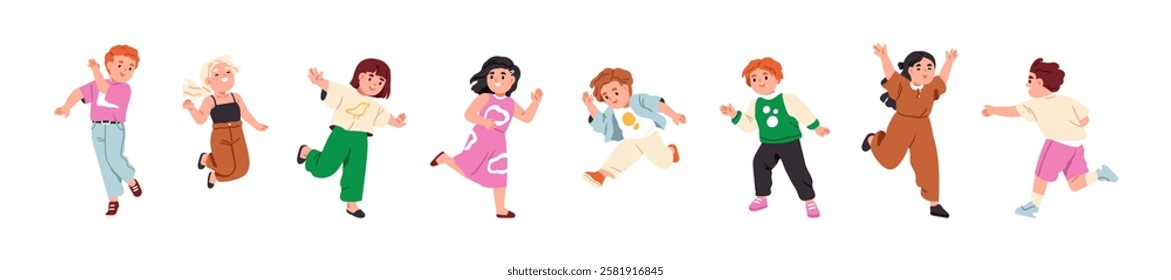 Happy active kids set. Funny excited children jumping, running, playing with energy. Cute girls and boys in dynamic poses, movements during fun. Flat vector illustrations isolated on white background