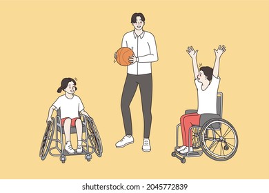 Happy active lifestyle of disabled children concept. Young smiling coach man standing with ball near disabled children on wheelchairs sitting waiting for game vector illustration 