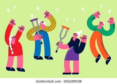 Happy active lifestyle of elderly concept. Group of mature old disabled people standing with crutches feeling happy jumping together vector illustration