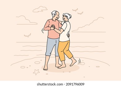 Happy active lifestyle of mature people concept. Smiling happy positive elderly couple man and woman standing dancing and enjoying weekend on beach vector illustration 
