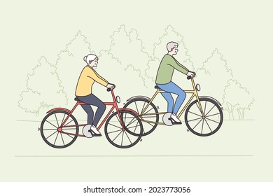 Happy active lifestyle of old people concept. Mature elderly couple man and woman riding bicycles together outdoors enjoying ride and active leisure vector illustration 