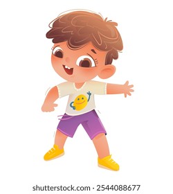 Happy active little boy character design, energetic and playful kid in action. Happy schoolboy child dancing or showing. School or kindergarten children cartoon. Vector illustration isolated clip art