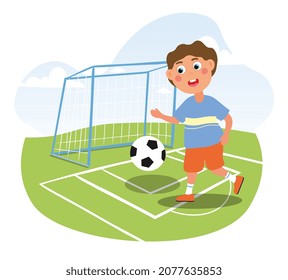 Happy active little boy playing football or soccer on the field. Concept of happy children spending active time outdoors in the summer. Flat cartoon vector illustration