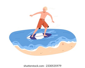Happy active man skimming, surfing on skimboard. Surfer standing on water board in sea on summer holiday, vacation. Outdoor sport activity. Flat vector illustration isolated on white background