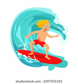 Happy active man skimming, surfing on skimboard. Surfer standing on water board in sea on summer holiday, vacation. Outdoor sport activity. Flat vector illustration isolated on white background