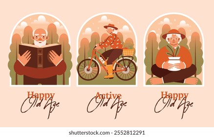 Edad vieja feliz y activa. Conjunto de ilustraciones aisladas con texto dibujado a mano para tarjeta, Anuncio, volante. Personajes lindos de la mujer mayor, hombre mayor, bicicleta, sombrero, equipo de jardinería, maceta, libro.