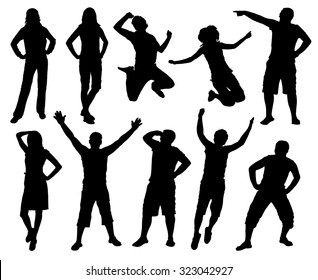 Happy active people silhouettes. Jumping people. Black and white vector collection.