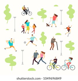 Happy active people in various lifestyles in spring park with trees. Man and woman walking outdoor park wuth green tree, walk family vector illustration
