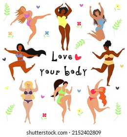 Happy active plus size girls with hearts, flowers and twigs. Love your body, body positive, feminism poster. Ladies with different ethnicity and skin colour aere smiling and dancing. 