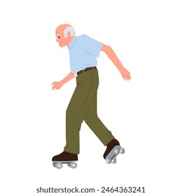 Happy active retiree male cartoon character engaged in rollerblading enjoying healthy lifestyle